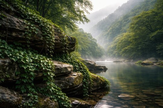 Natural scene showing ivy tangled on layered rocks next to a placid river with foggy verdant mountains