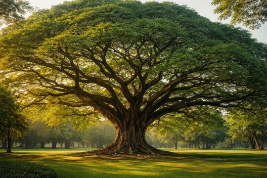Hundred year old Samanea saman tree in full leaf