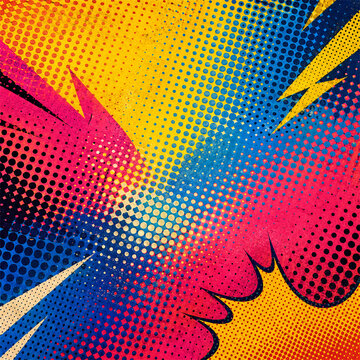Dynamic comic burst background with halftone dots lightning shapes and vivid rainbow action pattern for pop style posters superhero themes announcements and energetic graphic layouts