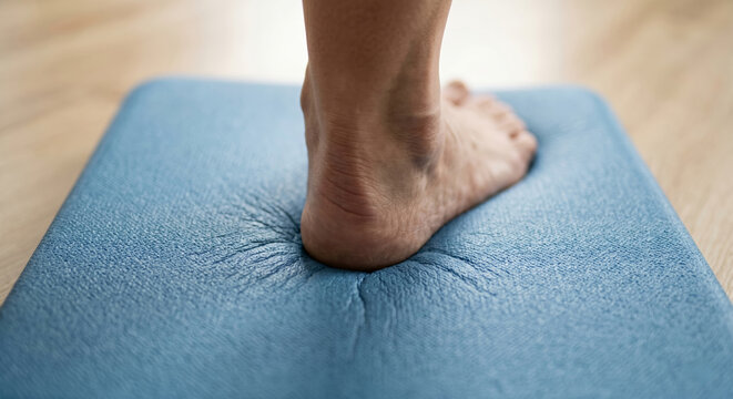 moment of pressure as a bare foot presses into a soft, blue foam balance pad.