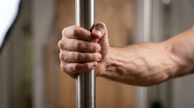 Close-up of hand gripping a vertical metal pole