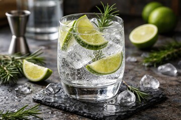 Fototapeta premium Chilled gin and tonic beverage with soda lime and fresh rosemary