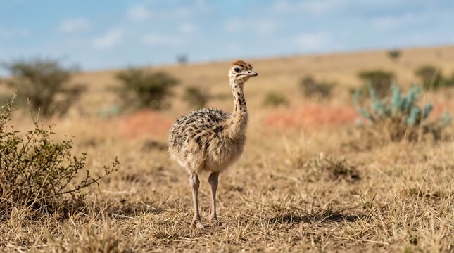Baby ostrich chick standing in the savanna. Young bird in dry grassland habitat. Wildlife portrait of a juvenile ostrich