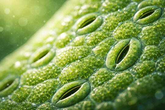 Natural plant leaf tissue under microscope highlighting stomata with copyspace