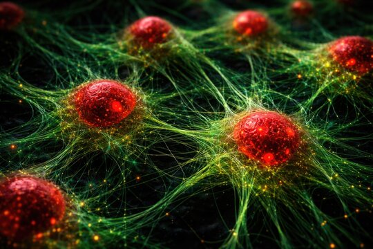 Detailed view of human neuroblastoma cells displaying red stained nuclei alongside green microfilament network