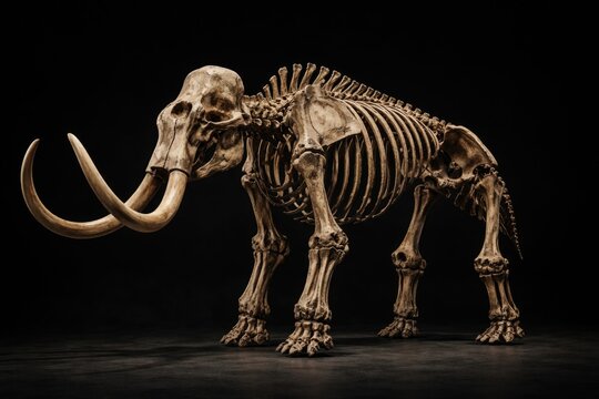 Full profile of a realistic woolly mammoth skeleton set before a black backdrop