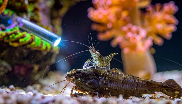 Tiny cleaner shrimp meticulously grooming a larger fish in an aquarium, showcasing natural symbiosis and partnership.