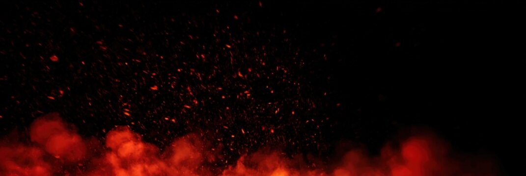 Red sparks and smoke rise against a black background, creating a fiery and dynamic visual effect.