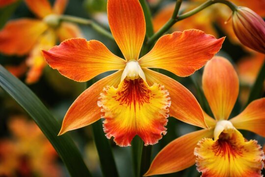 Bright orange and yellow Encyclia Prosthechea cross hybrid orchid in a detailed botanical close up