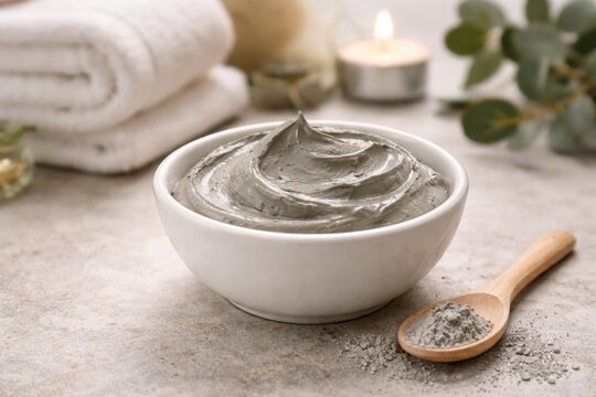 Gray bentonite clay for spa treatment presented in small white bowl with copy space