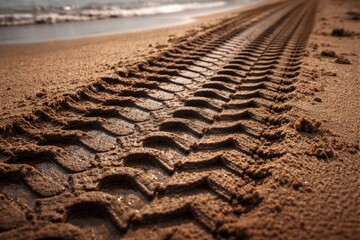 Naklejka premium Close up of vehicle tire tracks on wet sandy beach surface
