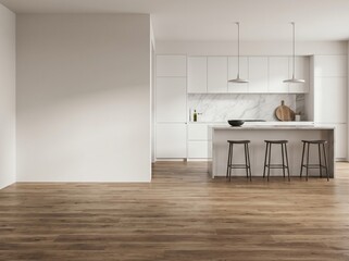 Fototapeta premium Modern minimalist white kitchen interior with marble backsplash island and wooden floor in bright open space
