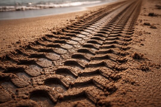 Close up of vehicle tire tracks on wet sandy beach surface