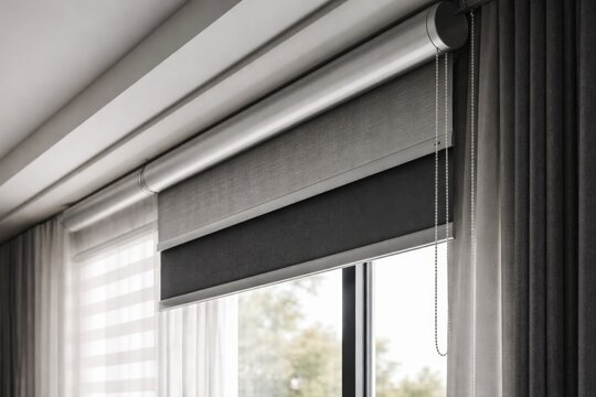 Close up image of sophisticated roller duo system with translucent day and opaque night curtains in modern room design