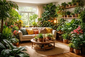Fototapeta premium Indoor gardening charm in a comfortable living room filled with colorful greenery
