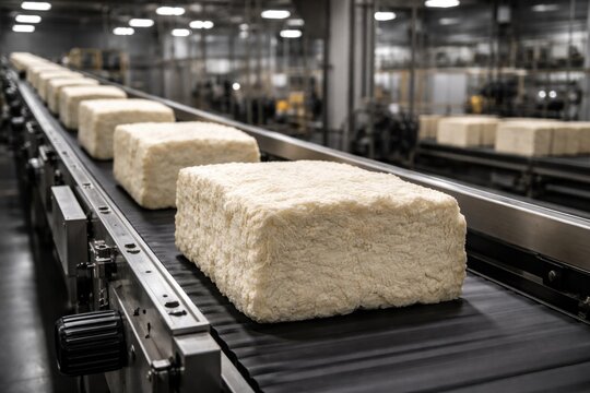 Natural rubber bales moving smoothly on a mechanized belt in a contemporary processing factory