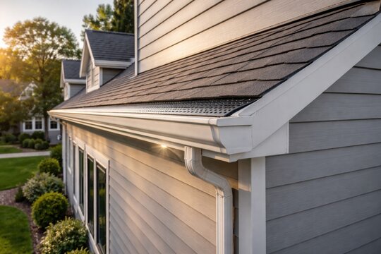 Horizontal vinyl siding with integrated gutter guard and soffit in upscale neighborhood