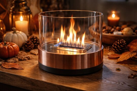 Burning bio ethanol in a portable glass and copper fireplace on natural oak surface with fall home decor