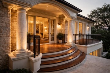 Obraz premium Graceful home design displaying second floor balcony with luminous columns and textured stonework paired with wooden steps and clean white walls