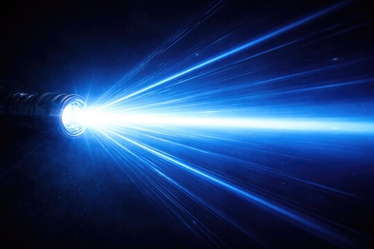 Intense blue beam with radiant streaks and light flare from flashlight