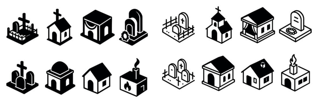 Cemetery icons with tombstone chapel grave isometric