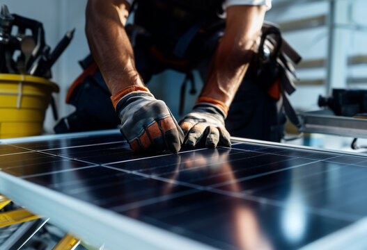 Escena de energ&iacute;a sostenible que destaca la instalaci&oacute;n solar, la tecnolog&iacute;a limpia, la ingenier&iacute;a moderna y el desarrollo pr&aacute;ctico de energ&iacute;as renovables. Un trabajador de paneles solares y guantes 