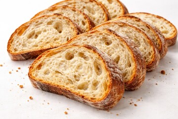 Naklejka premium Handcrafted sourdough bread slices arranged on a plain white background for bakery concept