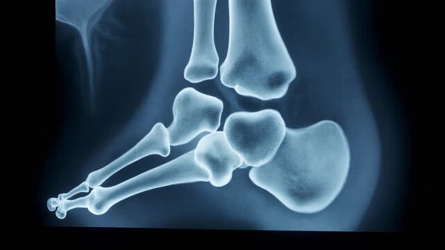 A medical X-ray scan of a human body shows a detailed image of the ankle bones and surrounding tissue in a clinical setting.