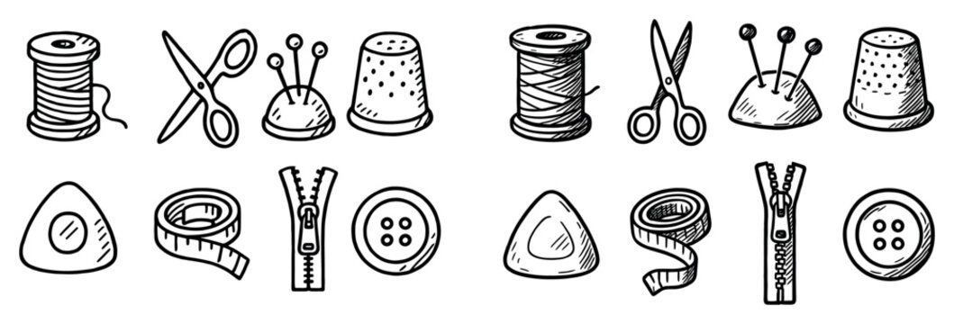 Sewing icons with spool scissors and thimble sketch