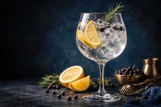 Elegant gin and tonic cocktail with lemon and juniper accents in a chilled glass on a dark blue vintage style background with copy space