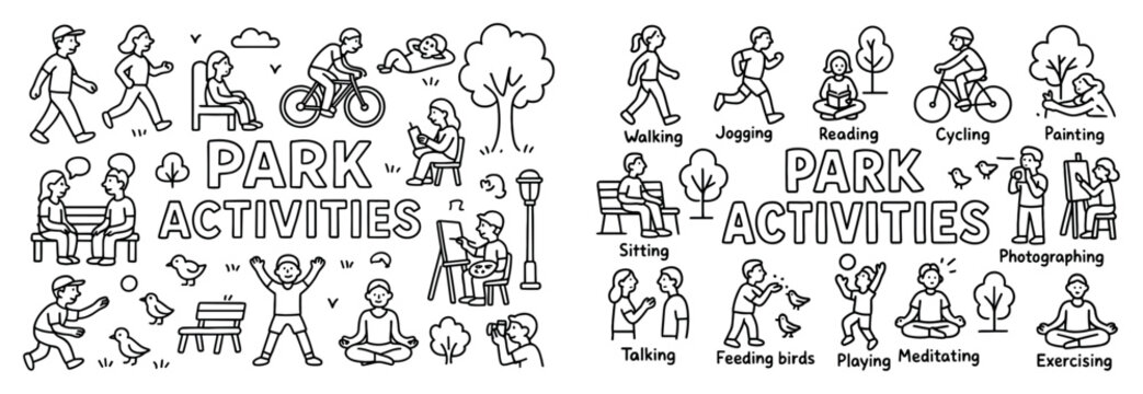 Park icons with people bench tree outline