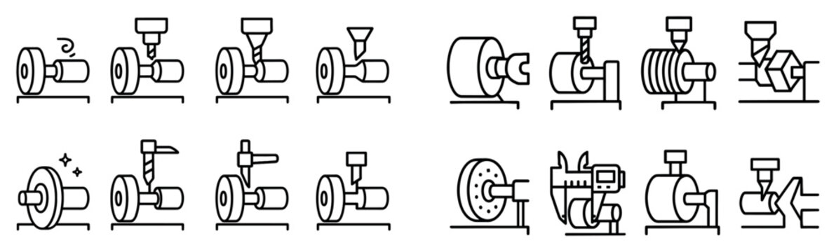 Industrial icons with lathe drill grinder outline