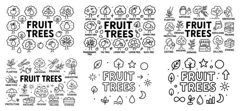 Black and white fruit trees icons collection