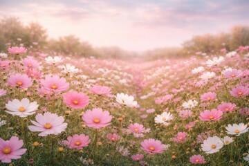 Obraz premium Beautiful cosmos flower field in pinks and whites under a gentle sky, suitable for spring wedding designs with copy space