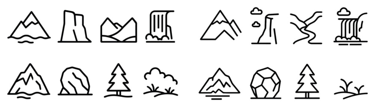 Nature landscape icons with mountain tree waterfall outline