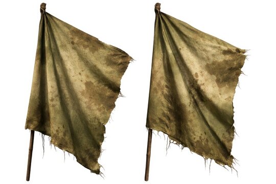 Olive shaded flags featuring various stains isolated against white background
