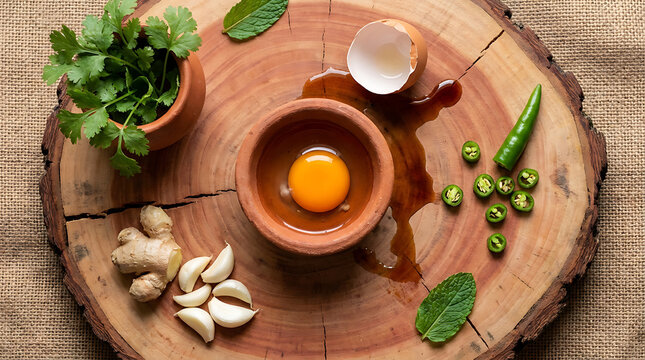 Egg ingredient with herbs and spices on wooden cutting board for cooking and recipe