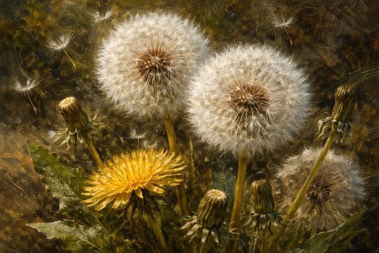 Close detailed portrait of dandelions using classic oil painting methods
