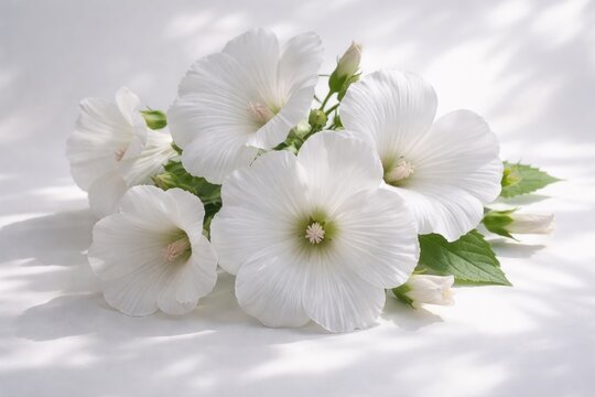 Elegant white lavatera blossoms with subtle shadows against a white surface