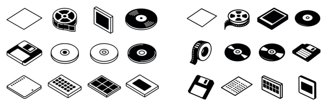 Media icons with disc tape floppy outline