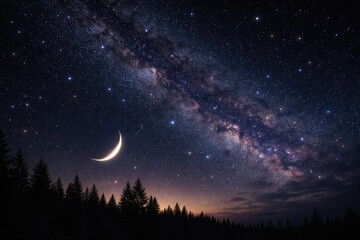 Fototapeta premium Celestial sky displaying numerous stars and a slim crescent moon