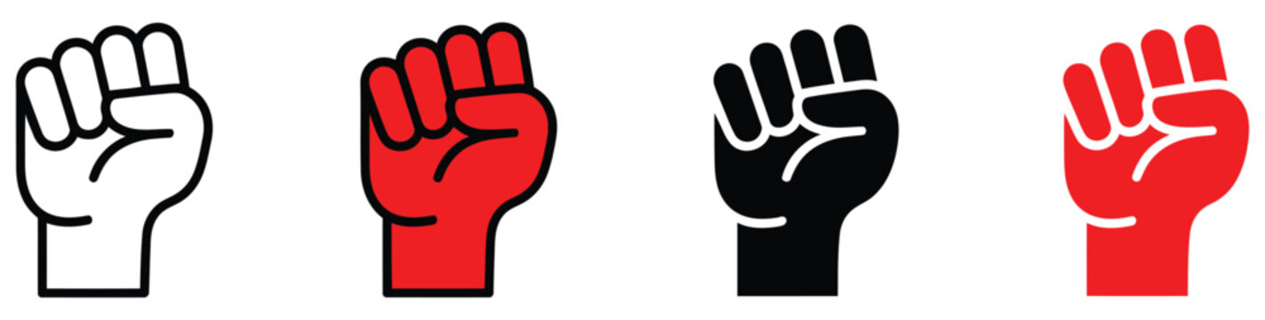 Raised fist icon set vector illustration for protest and solidarity concepts, collection of strong hand symbols representing unity, support, activism, and social movements in clean modern flat design