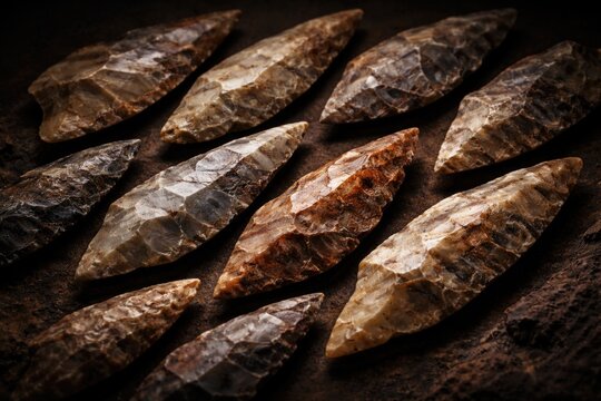 Collection of ancient Atherian quartzite spear tips representing Paleolithic era with dark background
