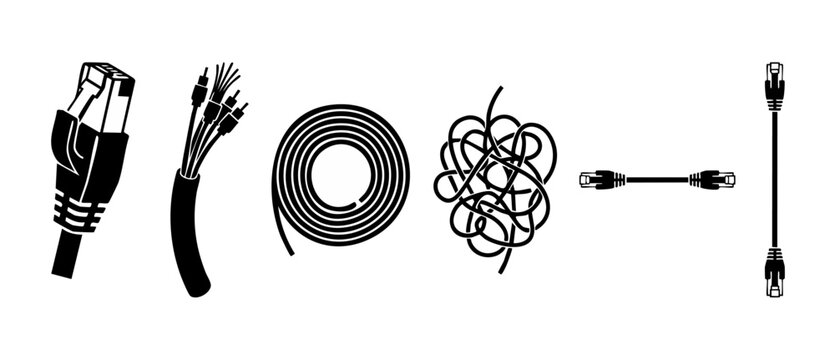 Ethernet cable icons set collection for network connectivity and internet data transfer. Digital communication hardware vector illustrations showing straight, coiled, and tangled cable connection wire
