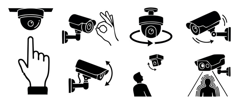 Security Camera Icon Set, CCTV Surveillance System Vector Symbols for Monitoring and Protection, Digital Privacy Control, Motion Detection, Dome and Bullet Cams, Smart Home Safety Interface Graphics