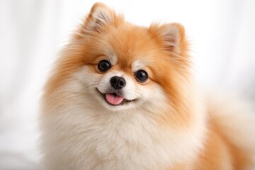 Obraz premium Intimate portrait of a cute Pomeranian dog with white backdrop and subtle shallow field effect