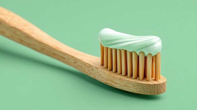 amboo Toothbrush with Toothpaste on Mint Green Background