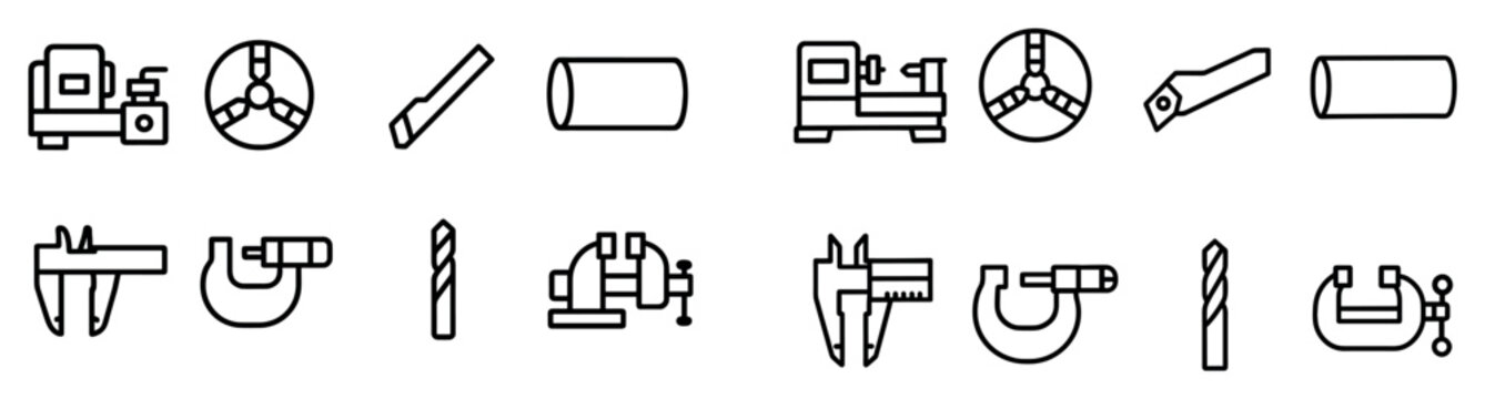 Workshop icons with lathe caliper drill outline