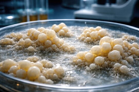 High magnification of candida auris fungus expanding on a laboratory substrate