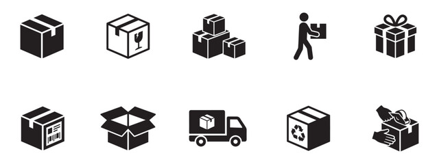 Logistics, delivery and packaging icon set. Cardboard box, shipping service, warehouse and fragile cargo symbols. Vector illustration. © Roberto_Caravelli